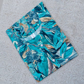 Blue Leaf Printed Rayon Short Tops with Fancy Buttons