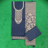 Dark Blue Jam Satin Unstitched Salwar Suit with Pant and Jacquard Dupatta