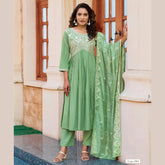 Designer Italian Viscose Suit Set with Full Neck & Sleeve Embroidery + Chanderi Dupatta - MG1005