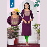 Heavy Rayon Slub Print with Embroidery Yoke Straight Cut Kurti KK01