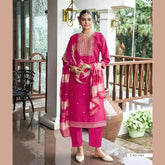 Luxury Vertican Fabric Embroidered Suit with Zari Sequence Dupatta for Women