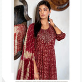 Mystic 9 Shanaya - Red Ajrak Print Umbrella Cut Salwar Suit - 4004