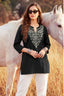 Black Cotton Embroidered Short Top 3/4 Sleeve Casual Ethnic Tunic