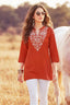 Rust Orange Cotton Embroidered Short Top 3/4 Sleeve Casual Ethnic Tunic