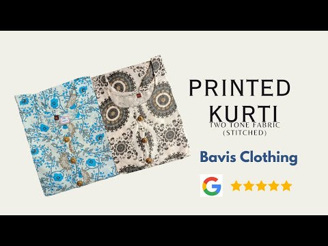 Blue Half Moon Printed Long Ghera Kurti with Potli Buttons