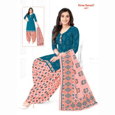 Dark Aqua Printed Kurti with Soft Pink Patiala Pant and Dupatta - Cotton Fabric