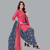 Dark Pink Cotton Kurta with Denim Blue Patiala Pant and Dupatta