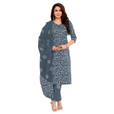 Women's Grey Cotton Kurti with Straight Pant and Dupatta