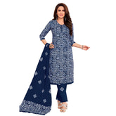 Women's Navy Blue Cotton Kurti with Straight Pant and Dupatta