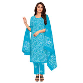 Women's Blue Cotton Kurti with Straight Pant and Dupatta
