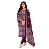 Women's Wine Cotton Kurti with Straight Pant and Dupatta