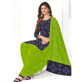Dark Blue A Line Cotton Kurti with Pista Green Patiala Pant and Dupatta