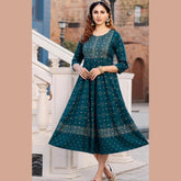 Dark Teal U- Neck Yoke Pattern Long Reyon Kurti with Allover Golden Prints