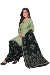 Greenish Grey Top with Black Bean Bottom and Dupatta. Premium Cotton Patiala Dress Material Sets. - Bavis Clothing