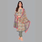 Jaipur Cotton Soft Peach Floral Print Kurta with Block Print Straight Pant and Dupatta - Women's Ensemble 201