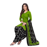 Cotton V Neck Leaf Green Top & Black Floral Patilaya Pant and Dupatta