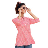 Rosy Pink Mandrin Collar Printed Cotton Tops for Women