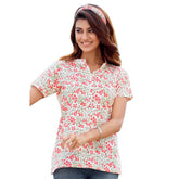 Soft Peach Floral Print Mandarin Collar Tops for Women