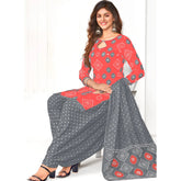 Tomato Red A Line Cotton Kurti with Grey Patiala Pant and Dupatta