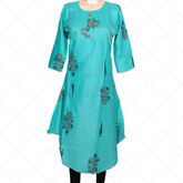 Turquoise Blue Long Ghera Digital Print Kurti