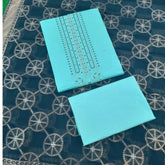 Turquoise Blue Pure Jam Satin Dyed With Neck and Border Embroidery Unstitched Salwar Suit With Dupatta