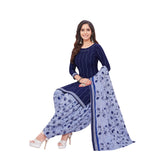 Cotton Boat Neck Dark Blue Top with Purple Patilaya Pant and Dupatta