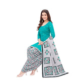 Cotton U Neck Persian Green Top with Grey Patilaya Pant and Dupatta