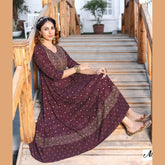 Wine Berry U- Neck Yoke Pattern Long Reyon Kurti with Allover Golden Prints