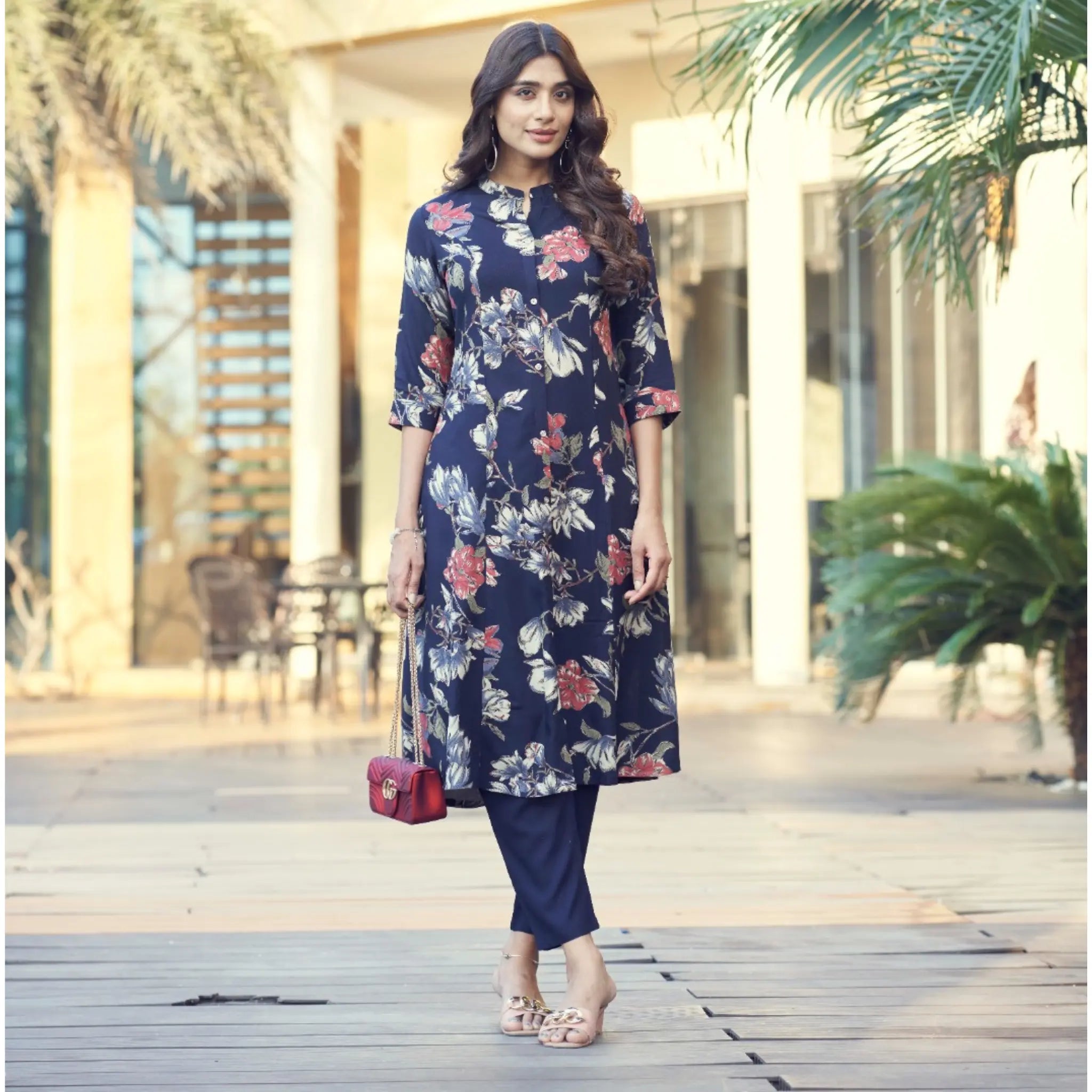 Women’s Rayon A-Line Kurti with Foil Print, Pockets & Solid Pants - Zheel 129 Main image