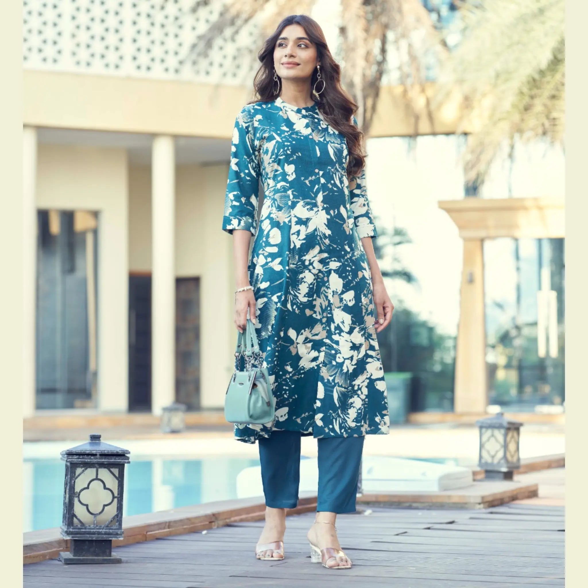 Trendy Women’s Rayon Long Kurti Pant Set with Foil Work & Elastic Fit - Zheel 130 Main image