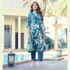 Trendy Women’s Rayon Long Kurti Pant Set with Foil Work & Elastic Fit - Zheel 130