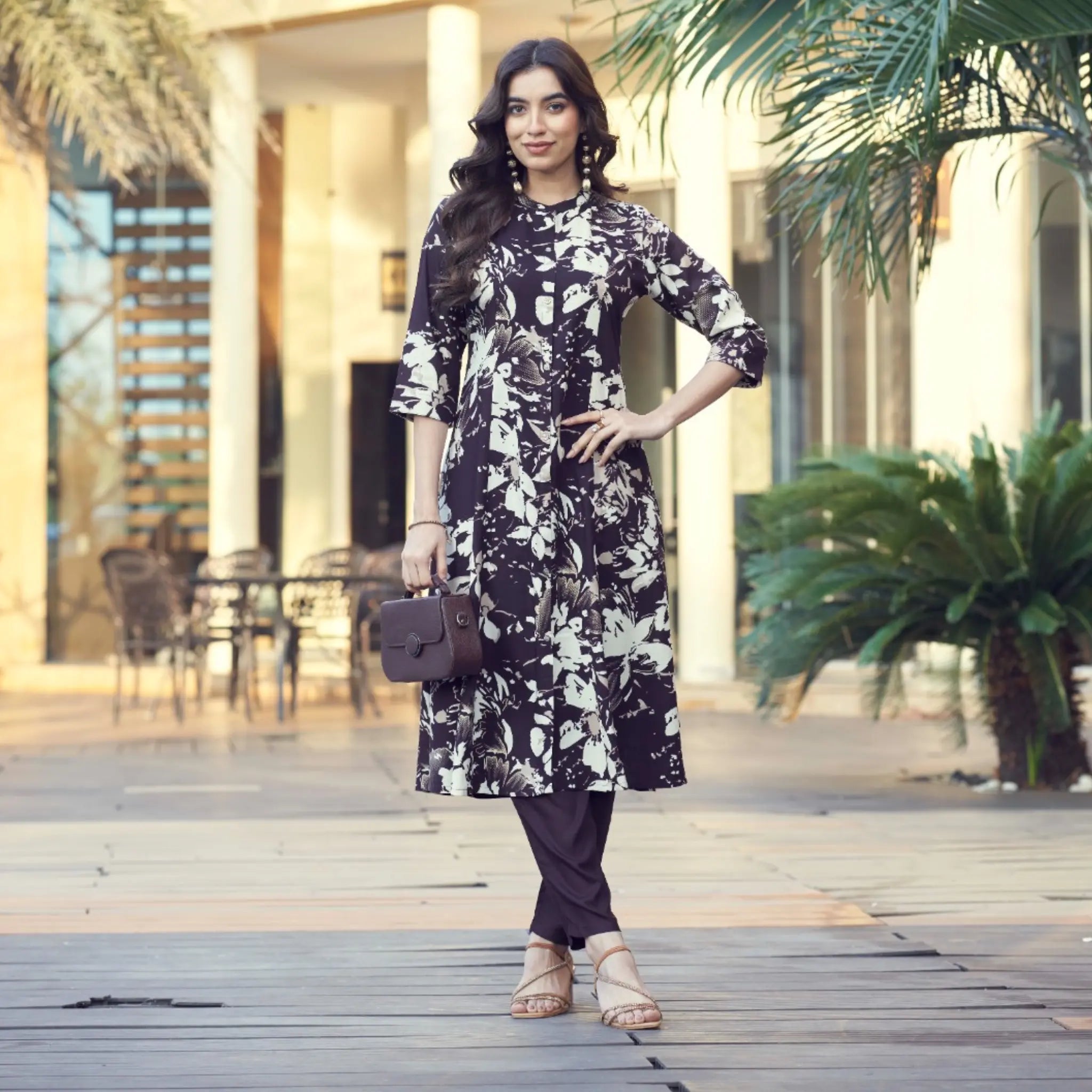 Women’s Premium Rayon Printed A-Line Kurti with Plain Pant Set - Zheel 131 Main image