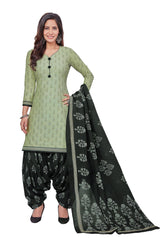 Greenish Grey Top with Black Bean Bottom and Dupatta. Premium Cotton Patiala Dress Material Sets.