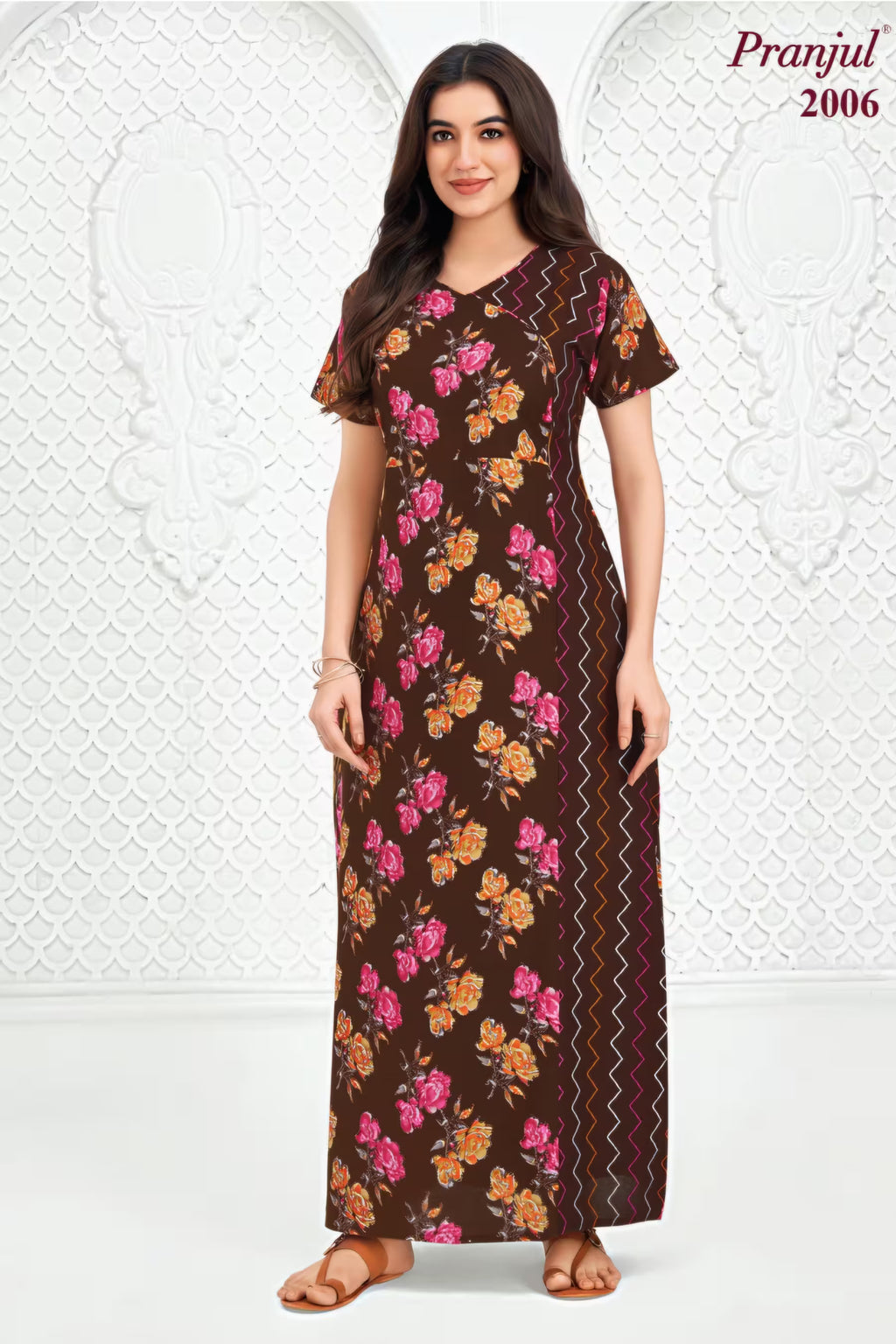 Pranjul 2006 Cotton Nighty for Women | Chocolate Brown Floral | Bavis Clothing