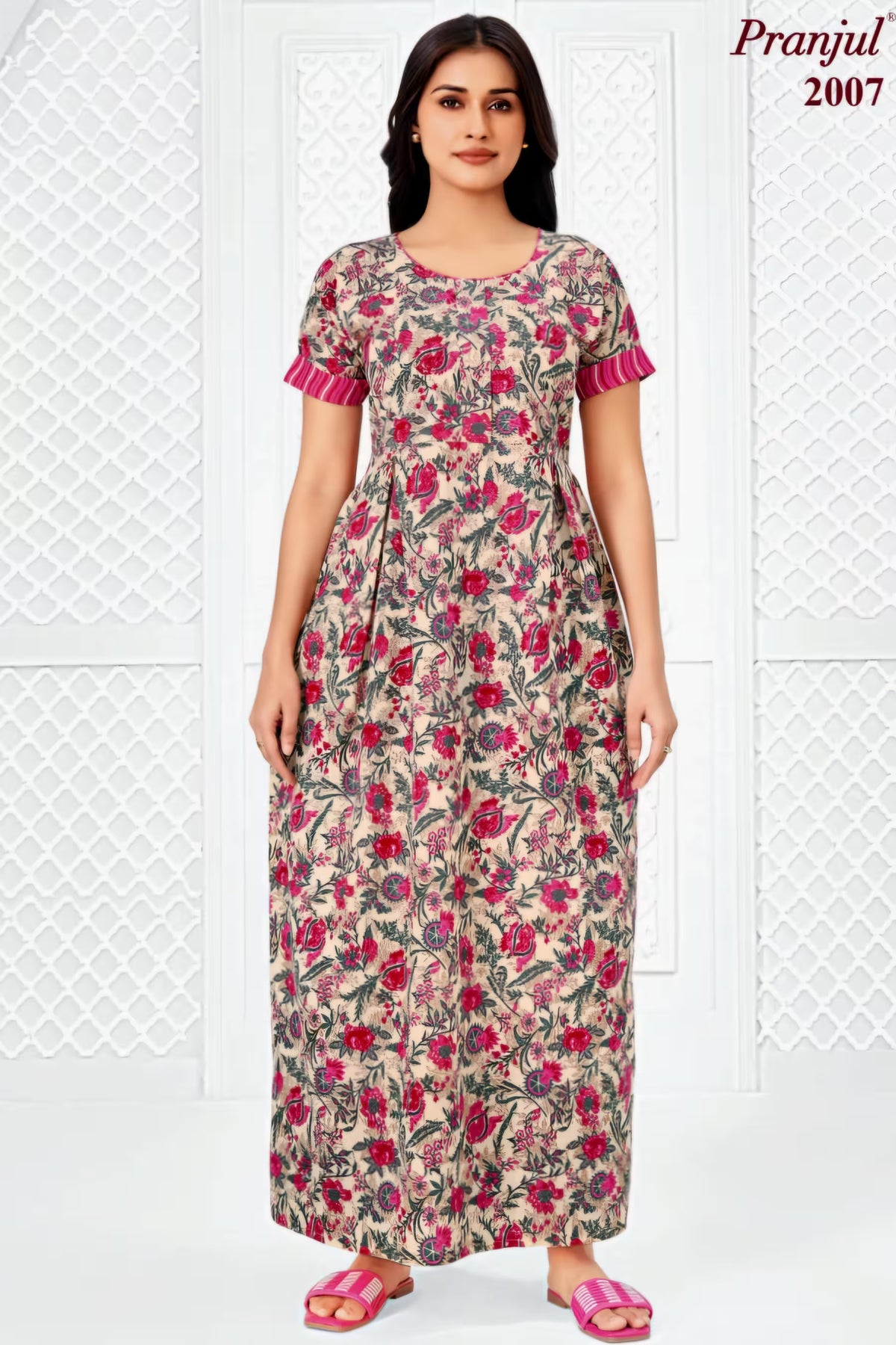 Pranjul 2007 Cotton Nighty for Women -Cream Floral | Bavis Clothing Main image