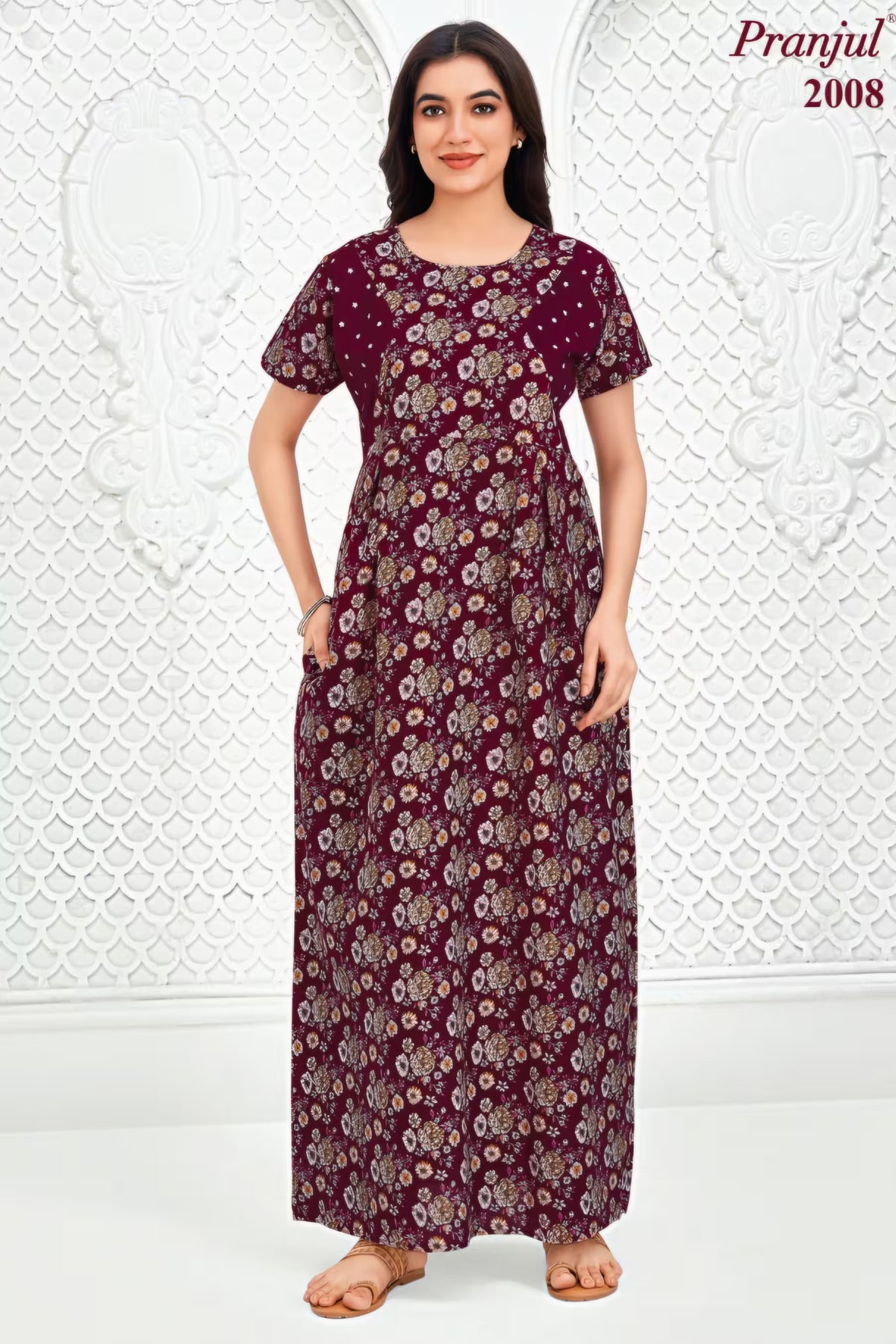 Pranjul 2008 Cotton Nighty for Women | Burgundy Floral with Pockets | Bavis Clothing Main image