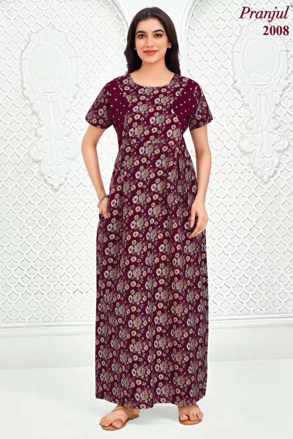 Pranjul 2008 Cotton Nighty for Women | Burgundy Floral with Pockets | Bavis Clothing