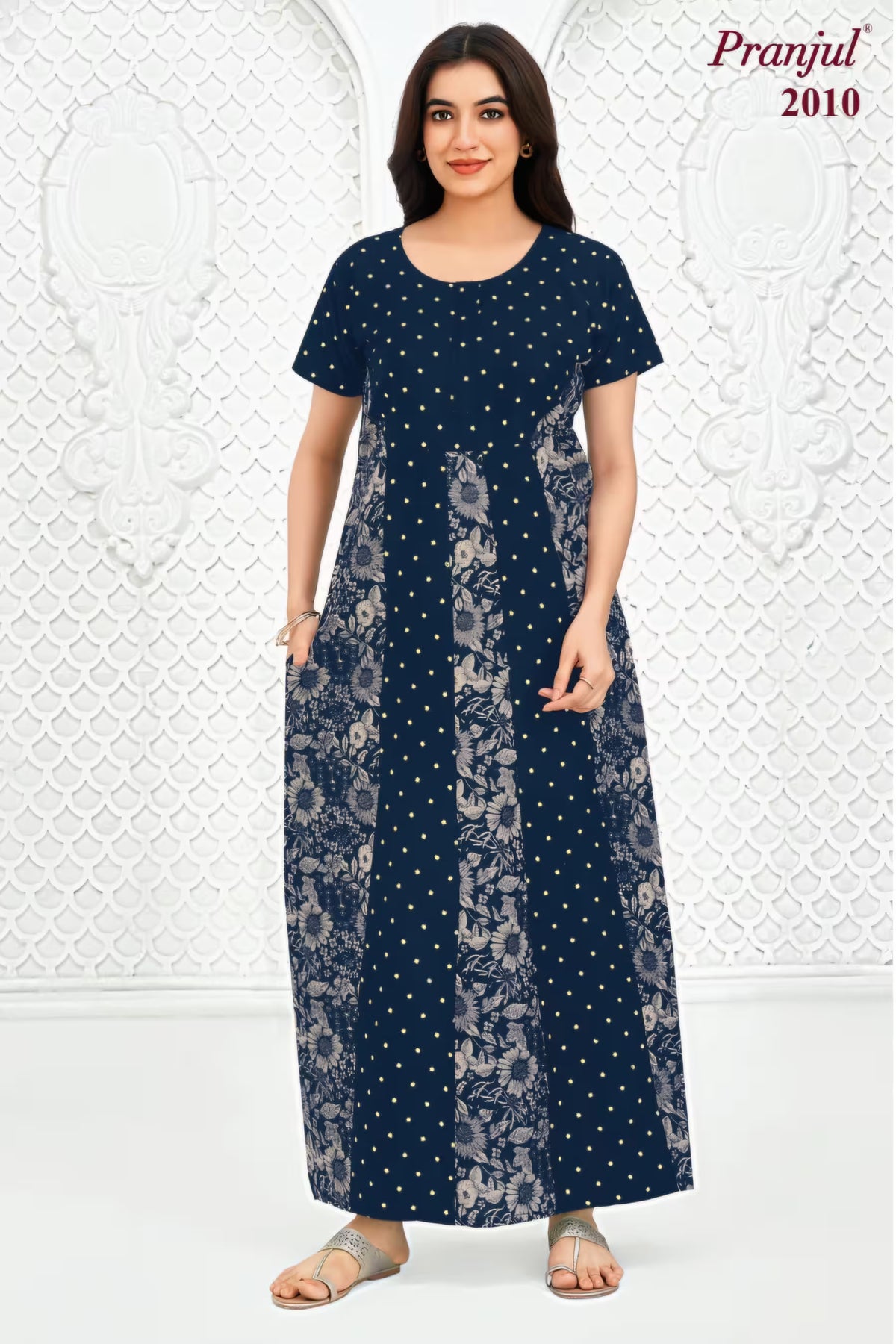Pranjul 2010 Cotton Nighty for Women | Navy Blue Floral