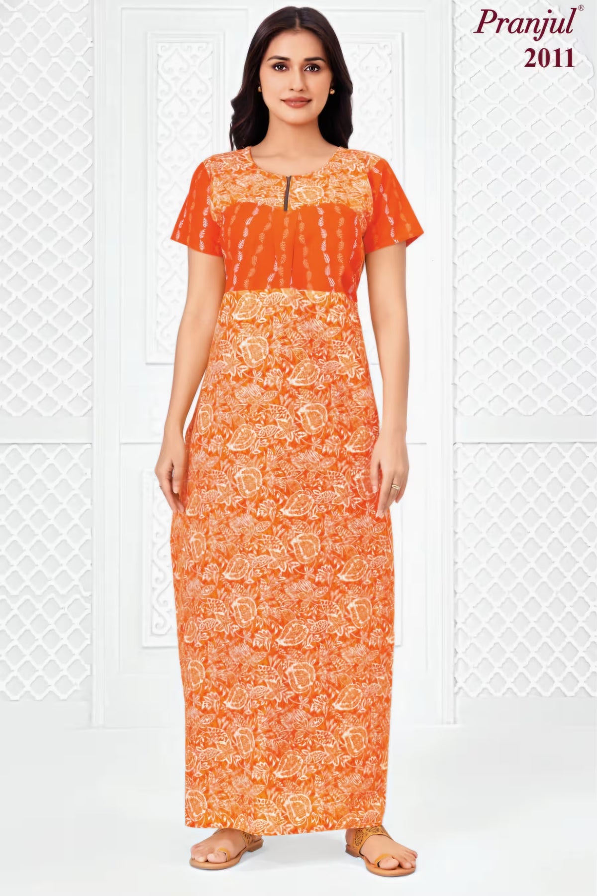 Pranjul 2011 Cotton Nighty for Women | Orange Floral