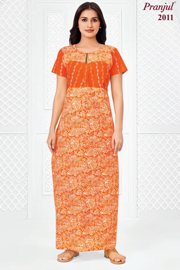 Pranjul 2011 Printed Cotton Nighty for Women – Orange Floral Full Length | Bavis Clothing
