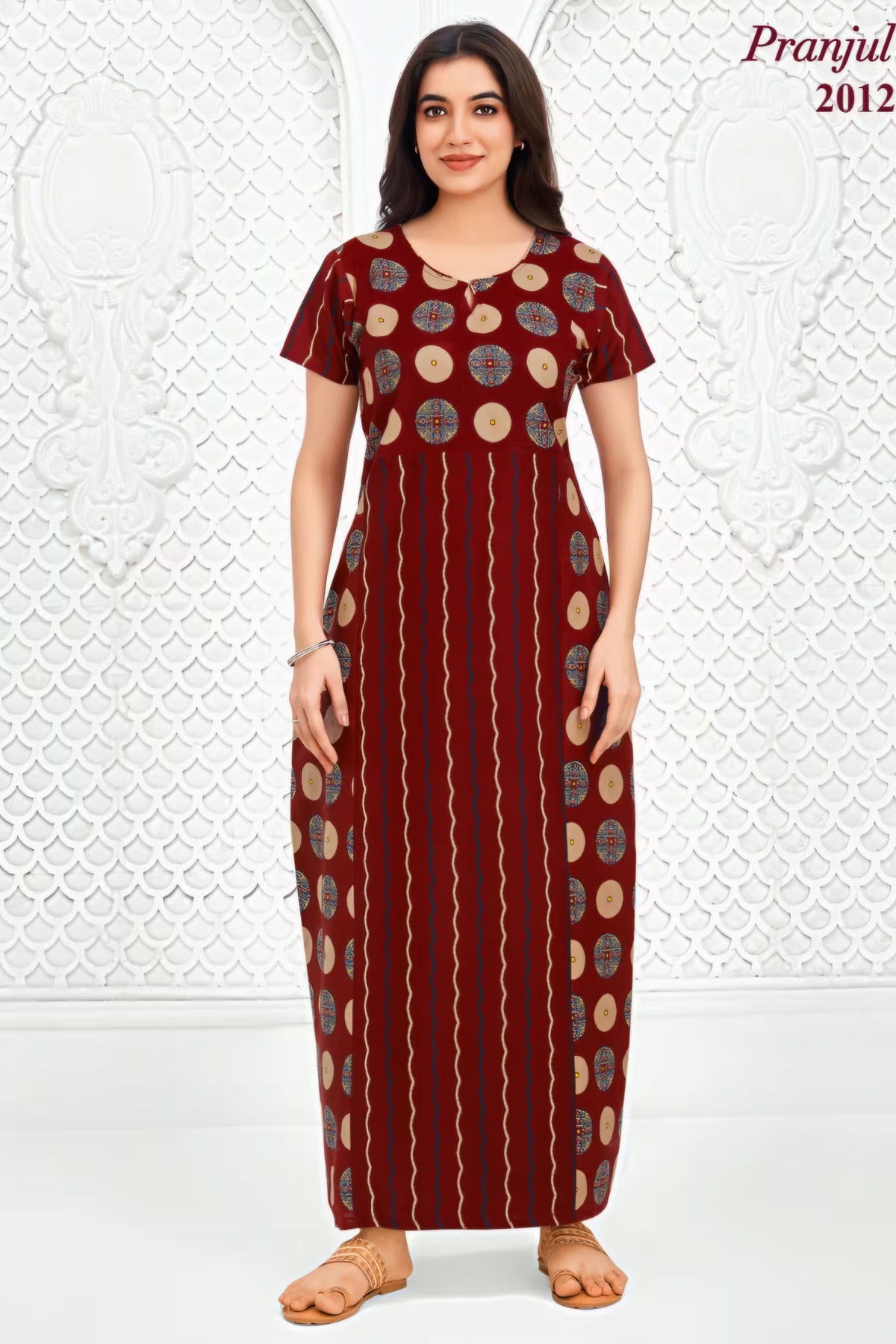 Pranjul 2012 Printed Cotton Nighty for Women – Maroon Geometric Full Length | Bavis Clothing Main image