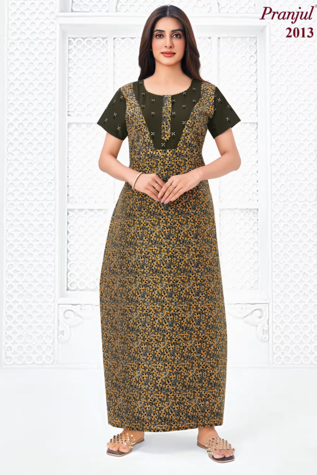 Pranjul 2013 Printed Cotton Nighty for Women – Olive Green Floral Full Length | Bavis Clothing