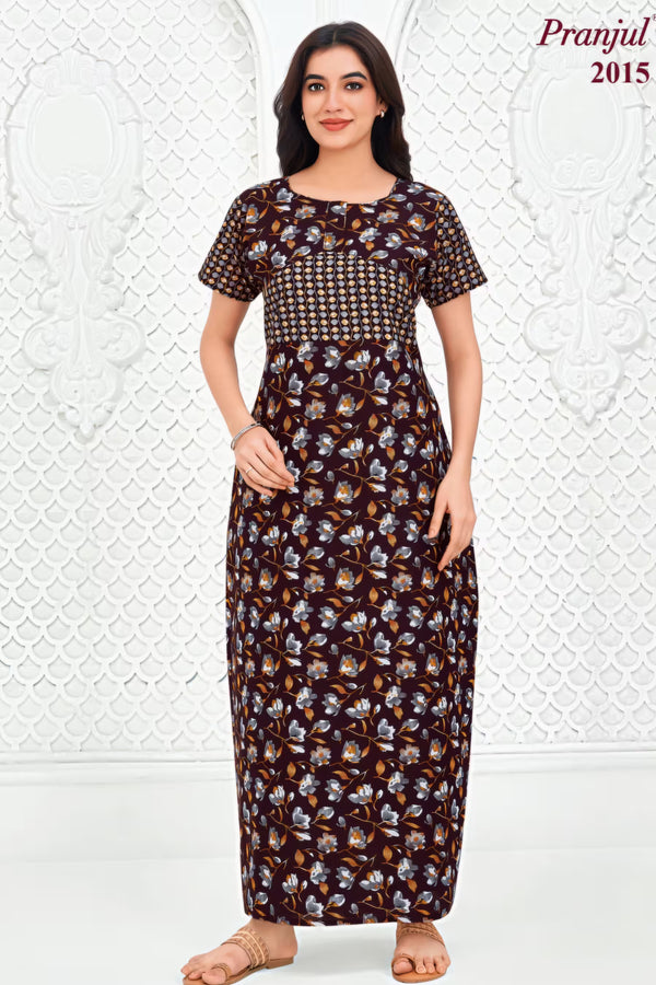 Pranjul 2015 Printed Nighty for Women – Dark Brown Floral Full Length | Bavis Clothing