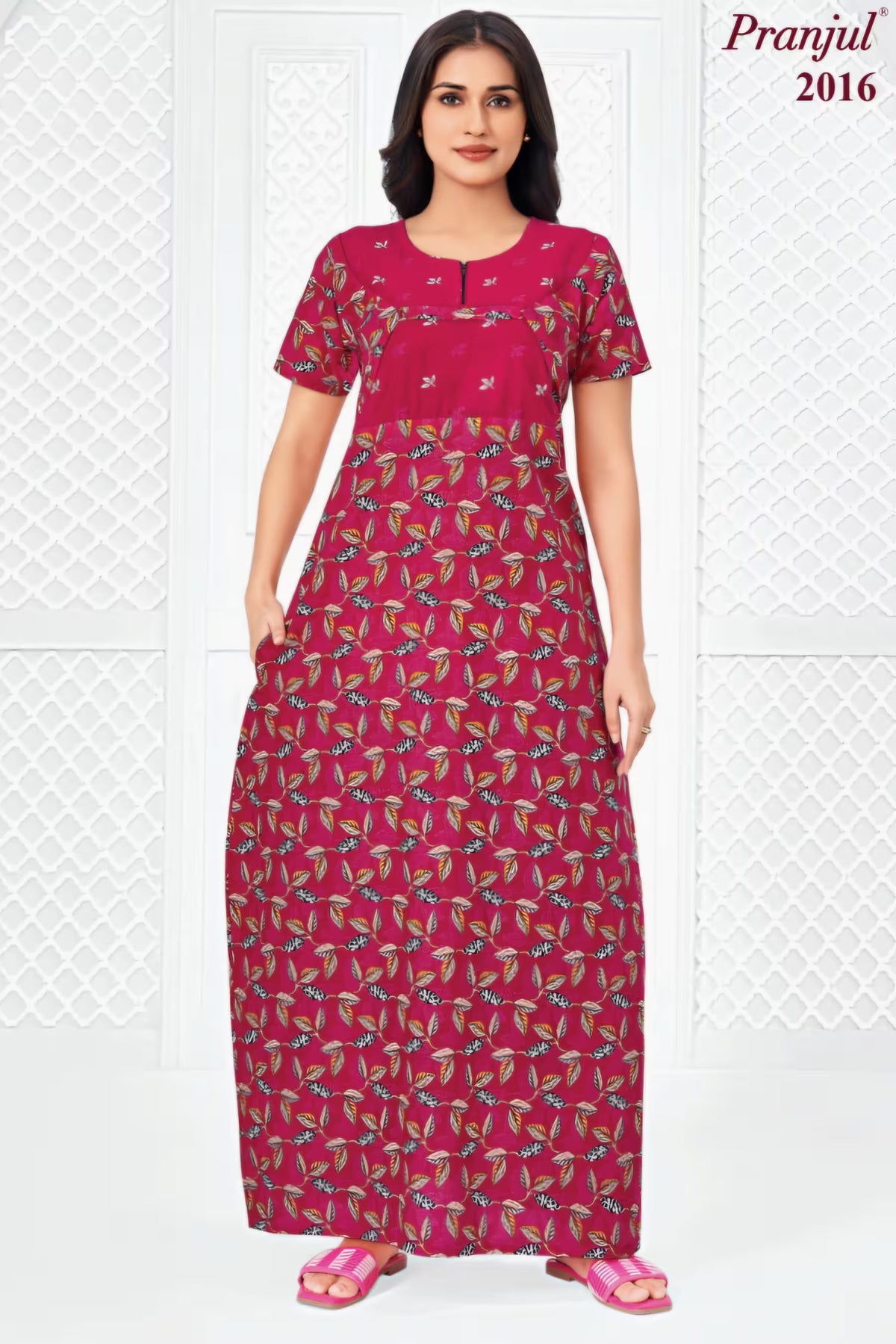Pranjul 2016 Nighty for Women | Magenta Pink Leaf Print