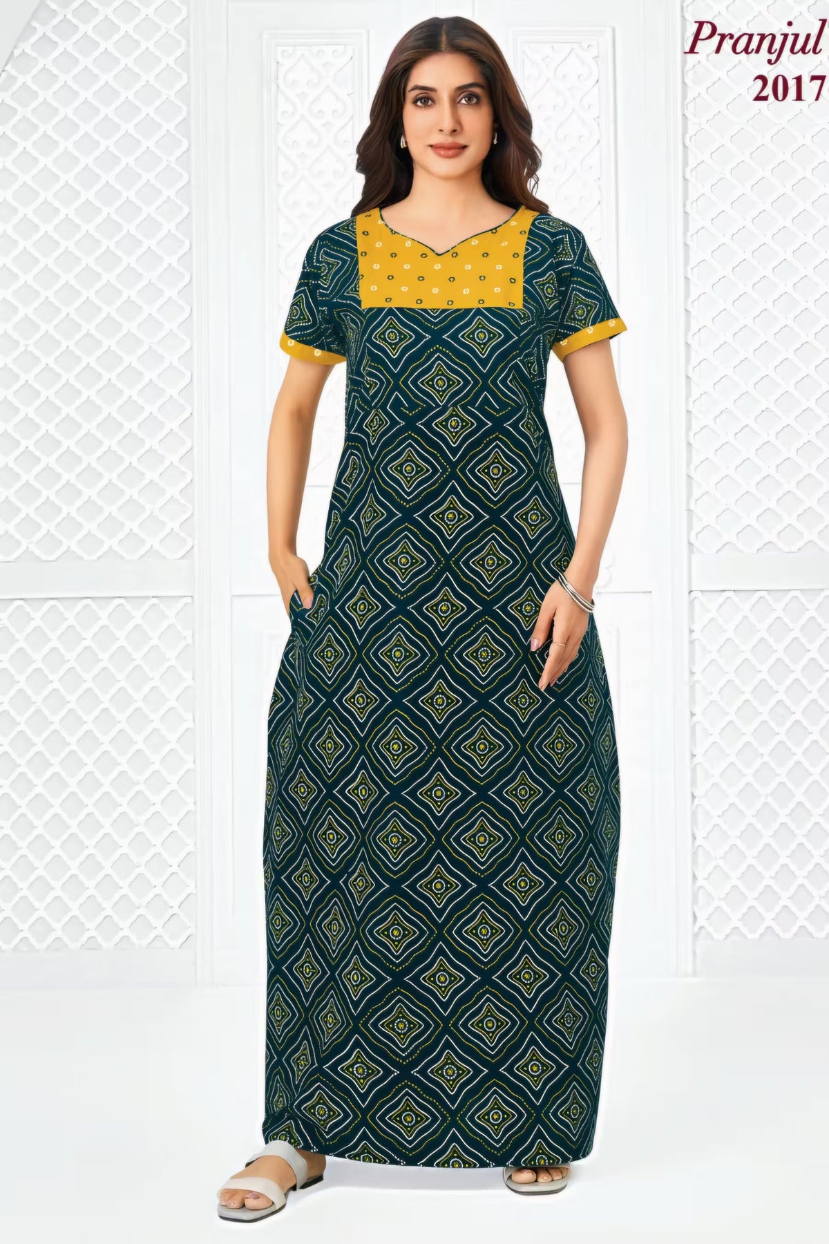 Pranjul 2017 Nighty for Women | Dark Teal Geometric Print