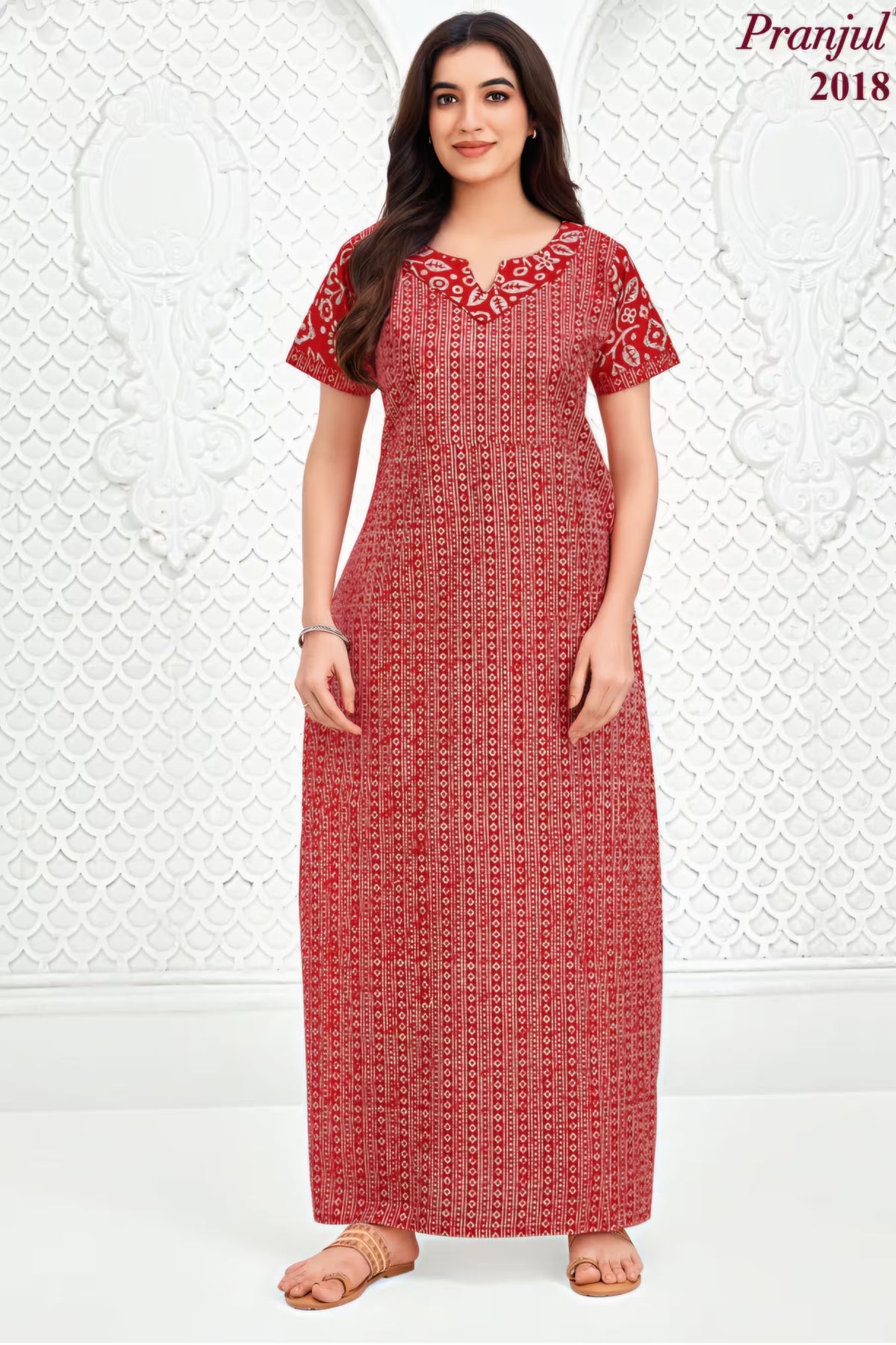 Pranjul 2018 Nighty for Women | Red Geometric Print