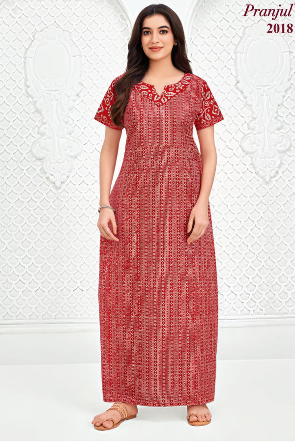 Pranjul 2018 Printed Cotton Nighty for Women – Red Geometric Full Length | Bavis Clothing