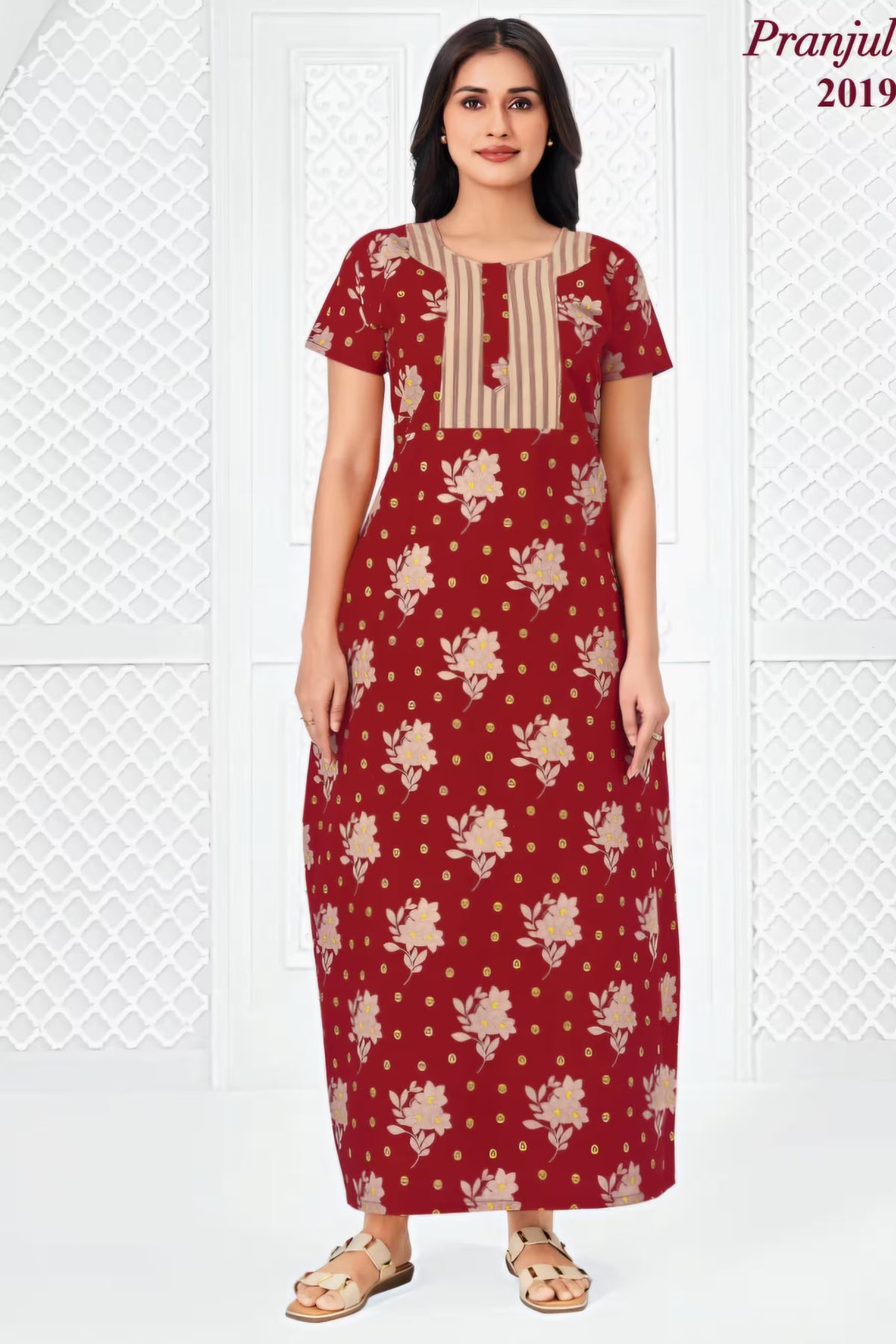 Pranjul 2019 Nighty for Women | Maroon Floral Print