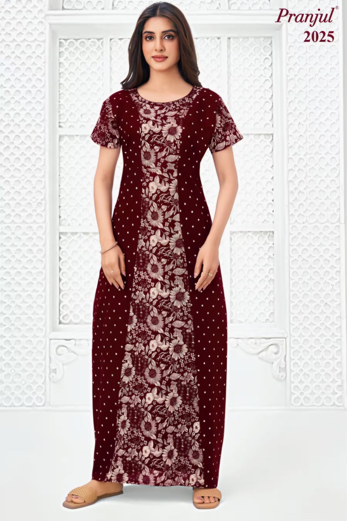Pranjul 2025 Maroon Floral Printed Nighty for Women