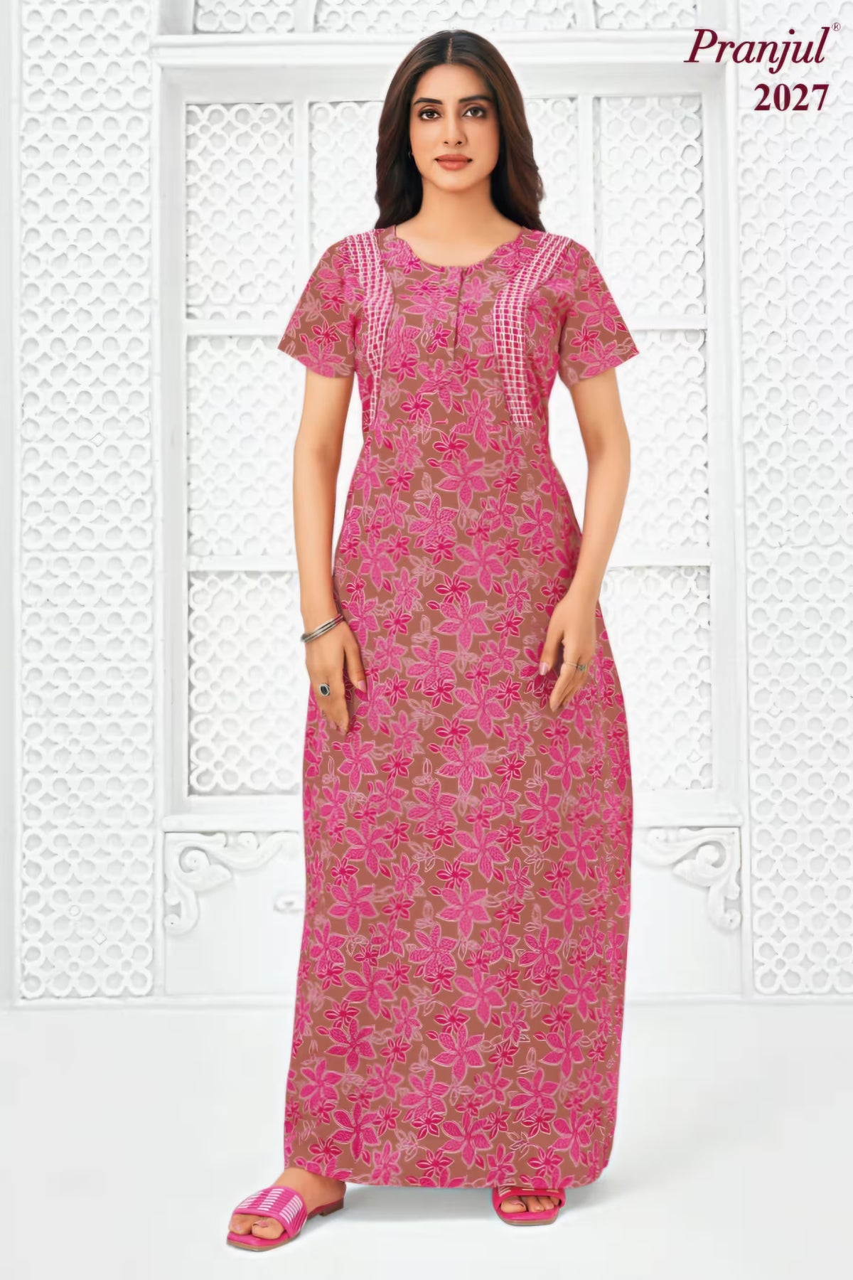 Pranjul 2027 Floral Printed Nighty for Women – Pink & Brown Full Length Main image